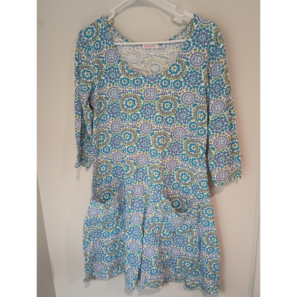 Fresh Produce Women's Dress Size Large Blue Green Floral Geometric Print L...